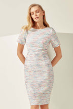 Multi Striped Ivory Summer Tweed Dress with Short Sleeves - Angie