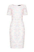 Multi Striped Ivory Summer Tweed Dress with Short Sleeves - Angie
