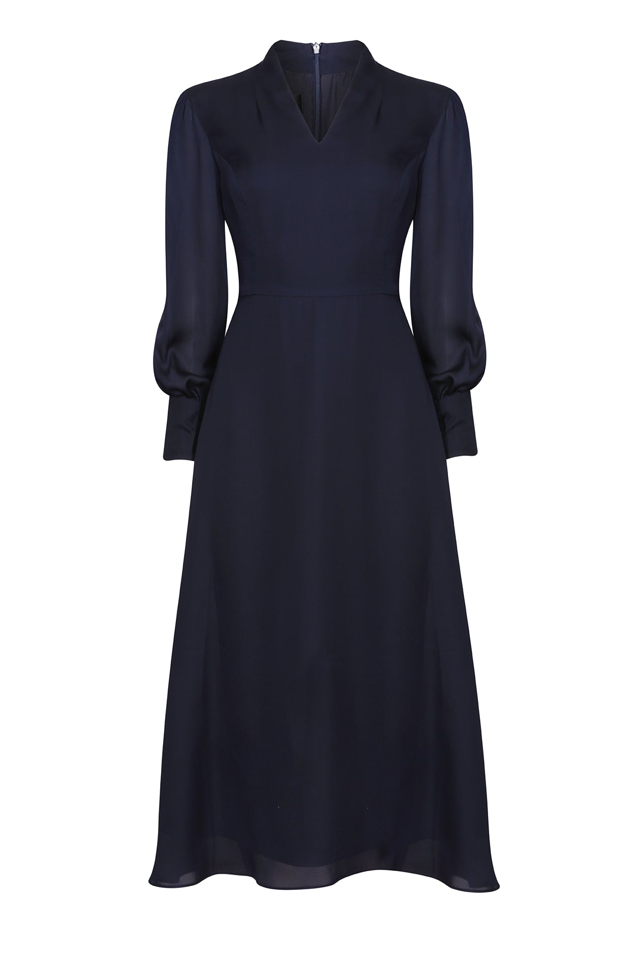 Long-Sleeved Midi Dress with Flared Skirt in Plain Navy Silk