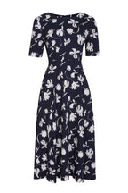 Longer Length Full Skirted Dress, with Short Sleeves in Navy/Ivory Floral Print Silk Cloqué- Lexie