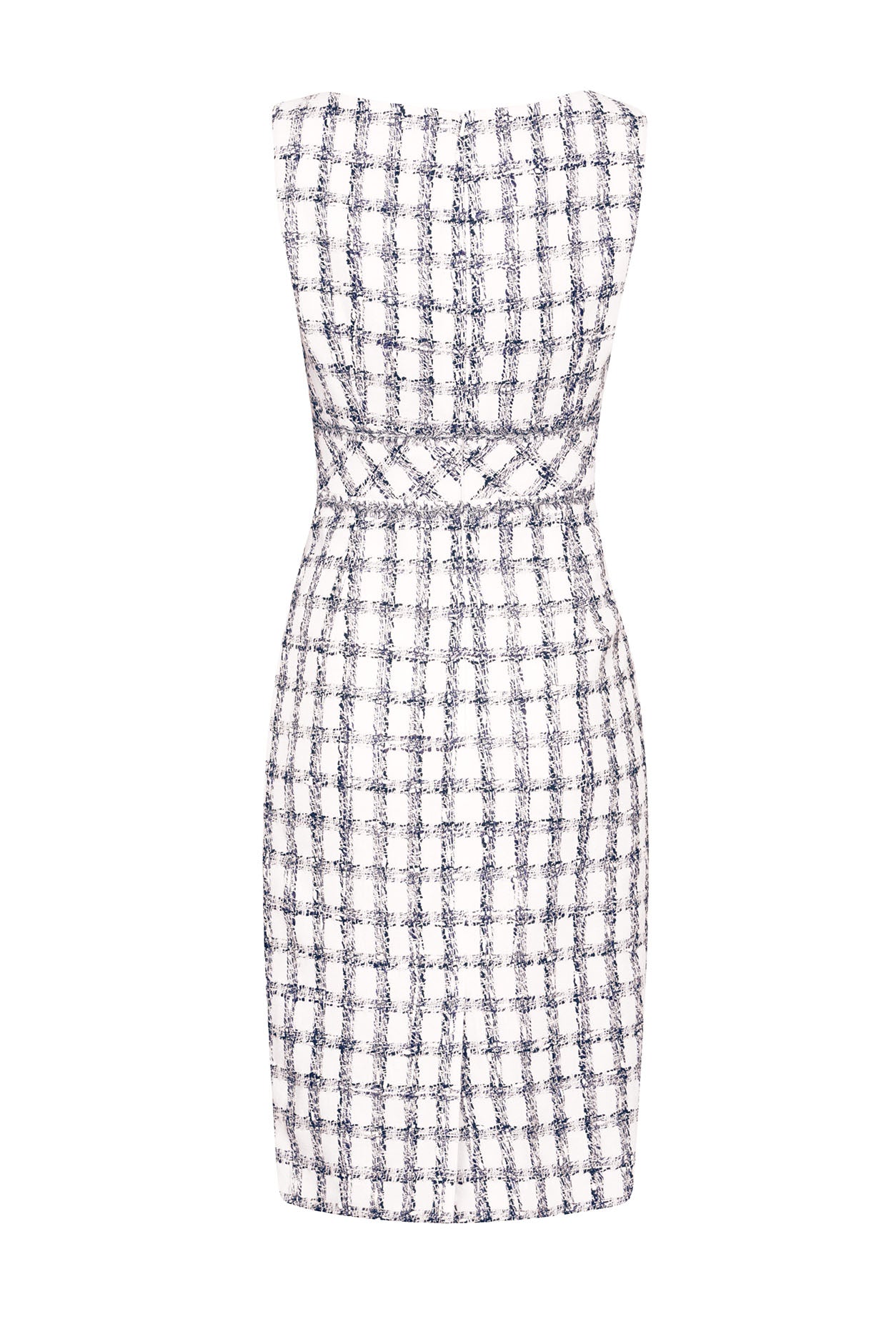 Sleeveless Shift Dress in Chic Navy/White Check Tweed and Fringe Trim - Aude