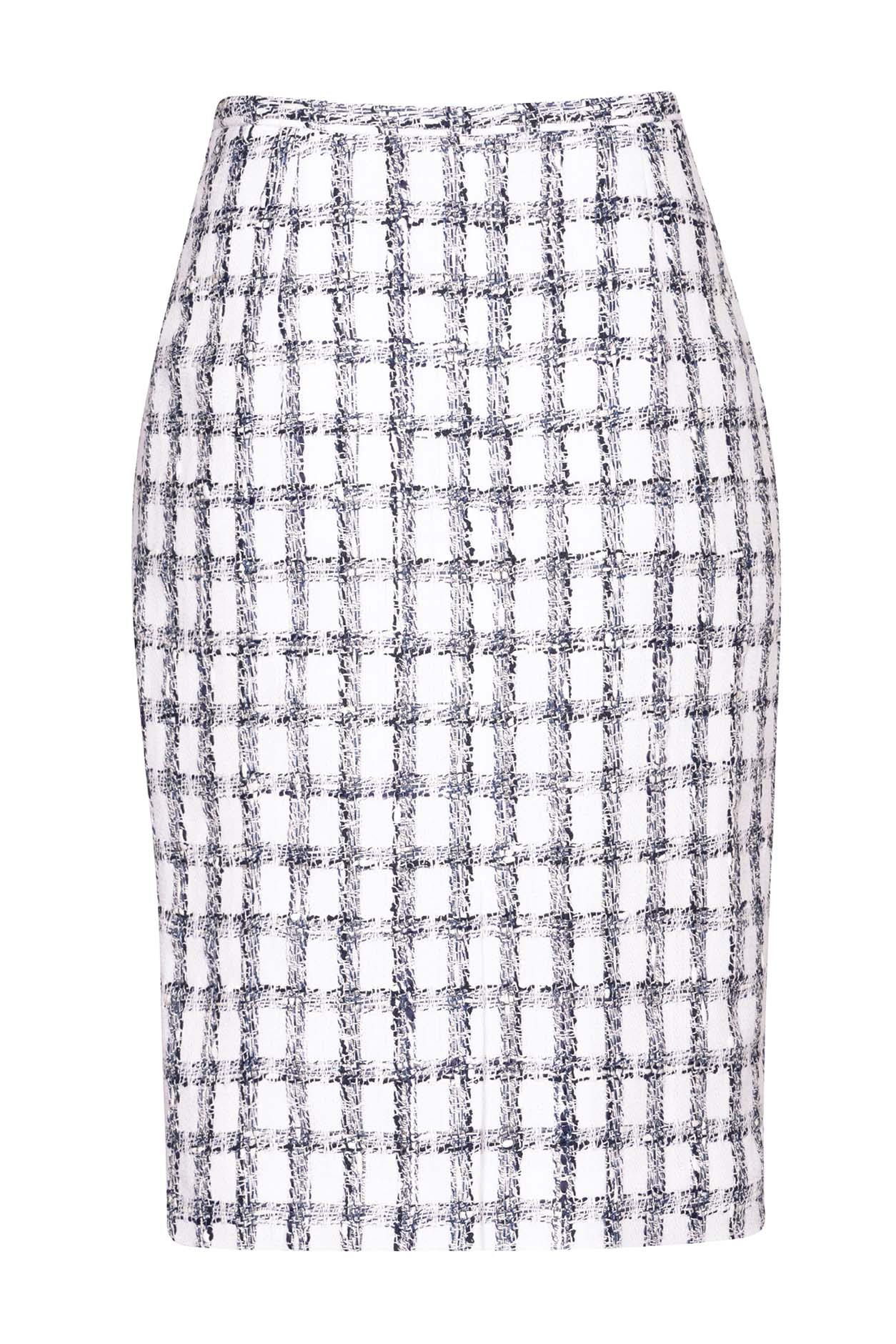 Tweed Pencil Skirt in White with Navy Overchecks - Penny