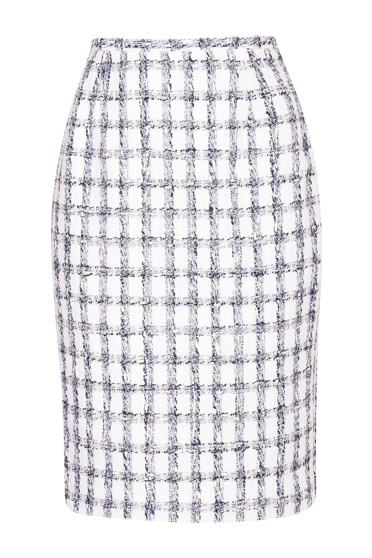 Tweed Pencil Skirt in White with Navy Overchecks - Penny