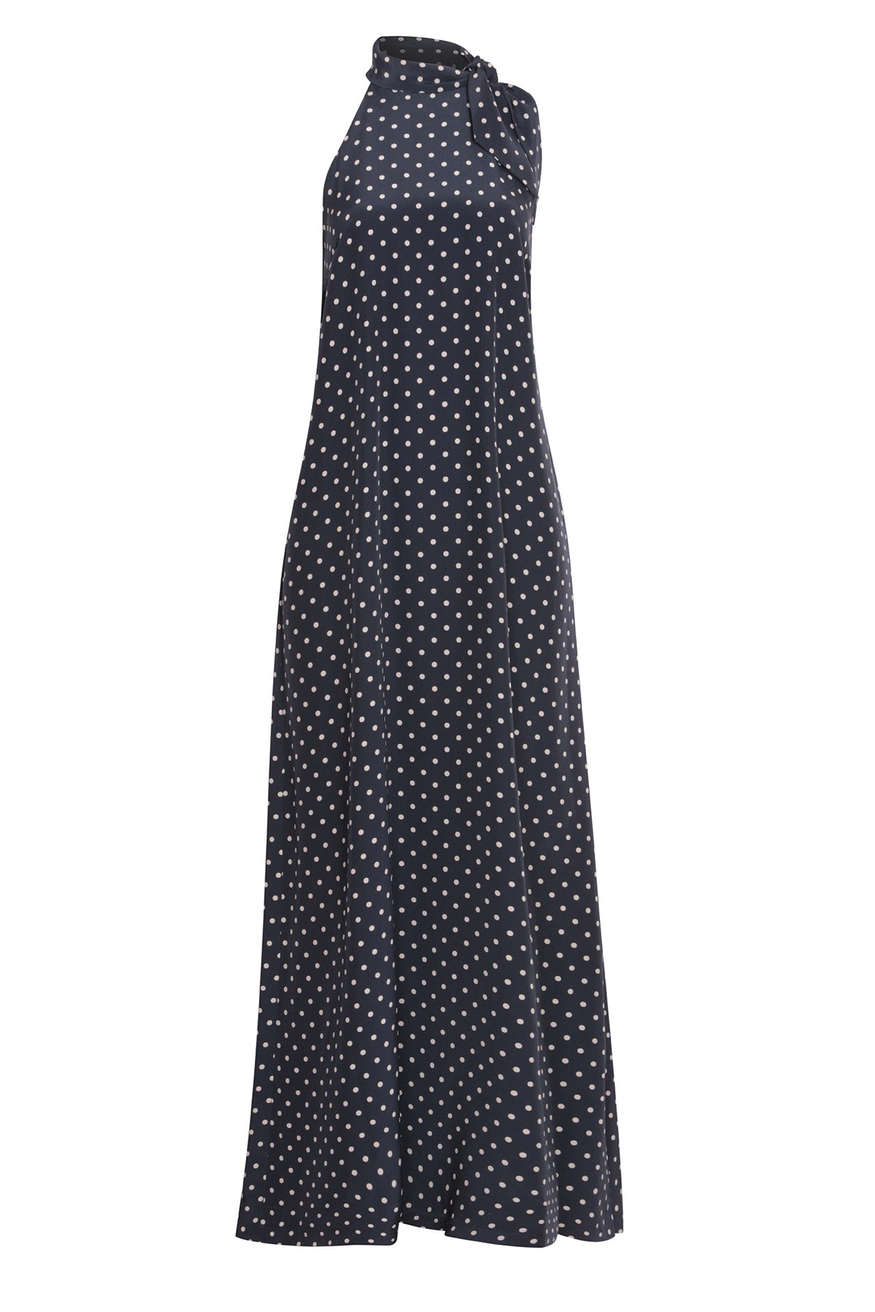 Tie-Neck Navy Silk Maxi Dress with Ivory Spots - Alice Long