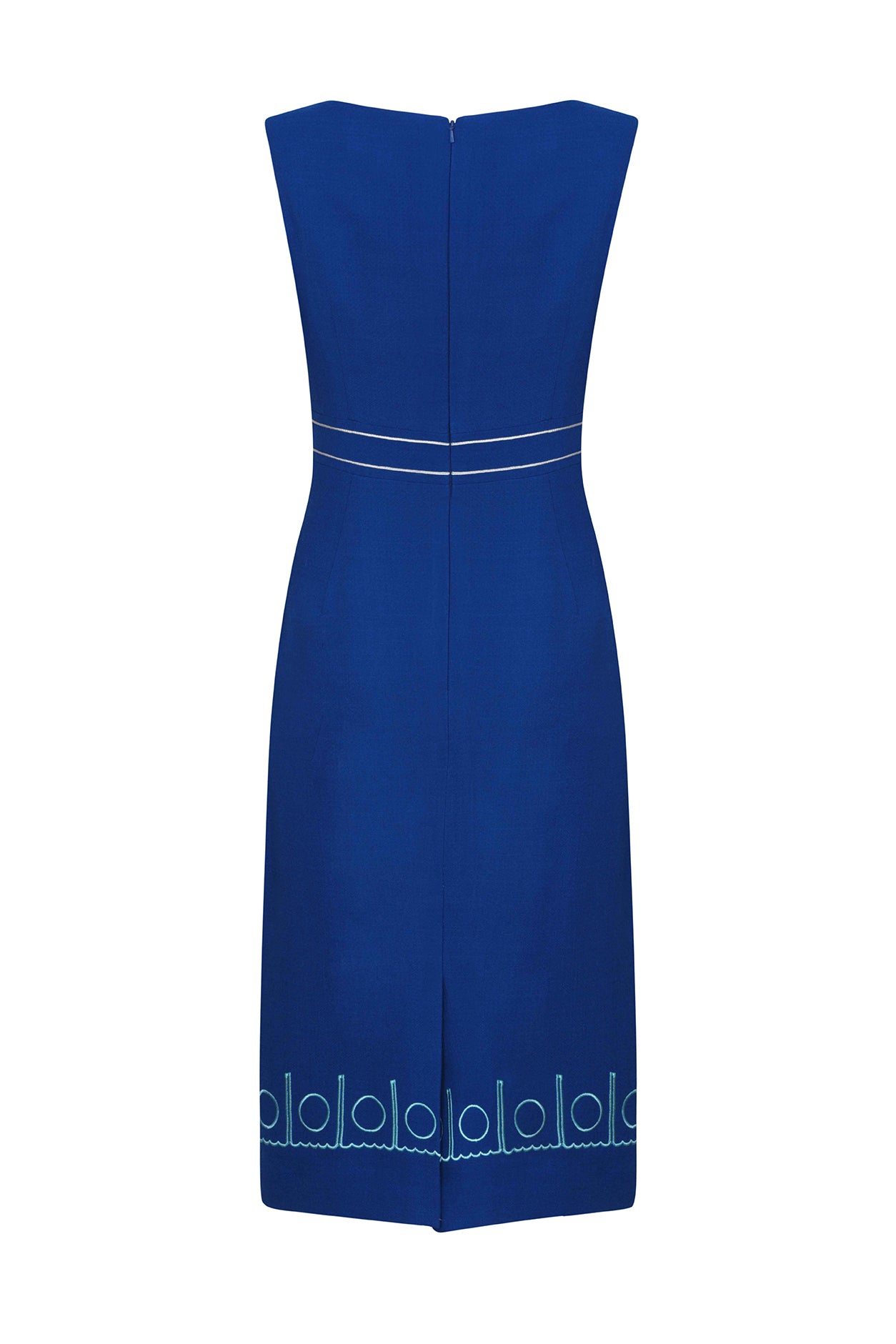 Sleeveless Shift Dress in Royal Blue with Turquoise Embroidered Border - Aude