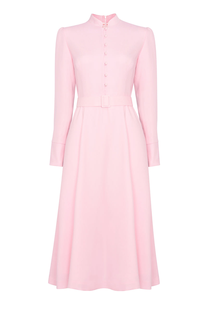 Long Sleeved Midi Dress in Pale Pink Wool Crepe Cady - Cleo | Lalage ...