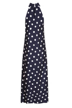 Button-Neck Navy Silk Maxi Dress with Large Ivory Spots - Alison