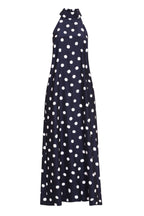 Button-Neck Navy Silk Maxi Dress with Large Ivory Spots - Alison