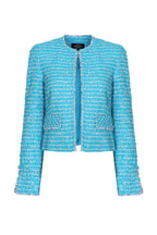 Tweed Short Jacket with Fringe Edges in Turquoise - Carrie