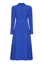 Silk/Wool Plain Cloqué Dress in Royal Blue - Cleo