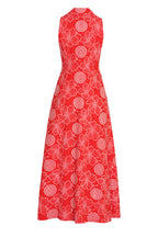 Maxi Length Button-Through Sleeveless Summer Dress in Scarlet Red with Ivory Embroidery - Ella