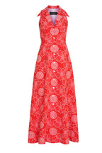 Maxi Length Button-Through Sleeveless Summer Dress in Scarlet Red with Ivory Embroidery - Ella