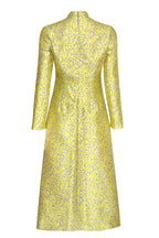 Long-Sleeved Dress with A-Line Skirt in Yellow/Grey Silk Jacquard - Emilia