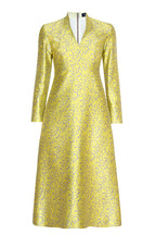 Long-Sleeved Dress with A-Line Skirt in Yellow/Grey Silk Jacquard - Emilia