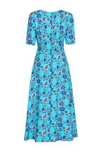 Longer Length Full Skirted Dress in Turquoise Blue Flower Print Cloqué Silk - Lexie