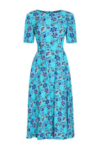 Longer Length Full Skirted Dress in Turquoise Blue Flower Print Cloqué Silk - Lexie