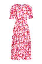 Longer Length, Fluid Silk Cloqué Dress in Pink/Orange Flower Print - Lexie