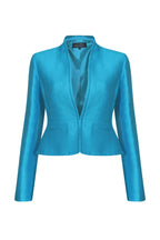 Fitted, Short Jacket in Turquoise Plain Self Stripe Silk - Margo