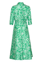 Calf Length, A-Line Dress in Emerald Green and White Printed Silk Shantung - Naomi