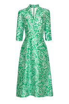 Calf Length, A-Line Dress in Emerald Green and White Printed Silk Shantung - Naomi