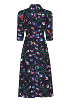 Midi Length A-Line, 3/4 Sleeve Dress in Navy Cloqué Silk with Bright Tulip Print - Naomi