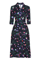 Midi Length A-Line, 3/4 Sleeve Dress in Navy Cloqué Silk with Bright Tulip Print - Naomi