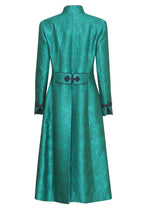 Midi Length Silk Dress Coat in Peacock Silk Brocade - Vanessa