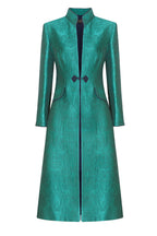 Midi Length Silk Dress Coat in Peacock Silk Brocade - Vanessa