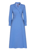 Double Breasted, Long Sleeved Coat Dress with Buttons in China Blue Wool - Savannah