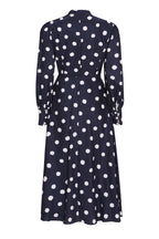 Long-Sleeved Midi Dress with Flared Skirt in Navy/Ivory Large Spot Printed Silk - Sofia