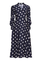 Long-Sleeved Midi Dress with Flared Skirt in Navy/Ivory Large Spot Printed Silk - Sofia