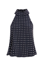 Button-Neck Silk Top in Navy/Ivory Spot - Stephie