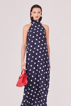 Button-Neck Navy Silk Maxi Dress with Large Ivory Spots - Alison