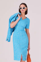 Dress in Bright Turquoise Tweed with Neckline Detail - Eve