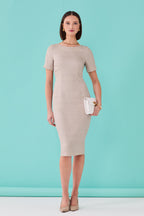 Silk/Wool Matelassé Shift Dress in Taupe/Ivory Diamond Print - Angie