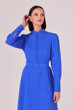 Silk/Wool Plain Cloqué Dress in Royal Blue - Cleo