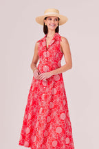 Maxi Length Button-Through Sleeveless Summer Dress in Scarlet Red with Ivory Embroidery - Ella