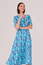 Longer Length Full Skirted Dress in Turquoise Blue Flower Print Cloqué Silk - Lexie