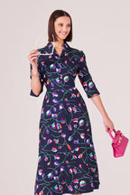 Midi Length A-Line, 3/4 Sleeve Dress in Navy Cloqué Silk with Bright Tulip Print - Naomi