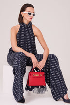 Silk Palazzo Pants in Navy/Ivory Spot Print - Camille