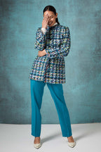 Long Jacket in Dark Multi-Coloured Tweed - Serena