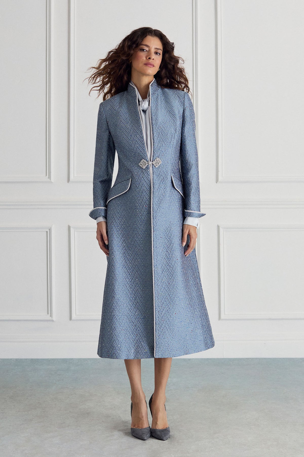 Vanessa Coat in Ash Blue Herringbone Brocade