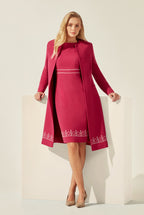 Berry Pink Faille Dress Coat with Ivory Embroidery - Vanya