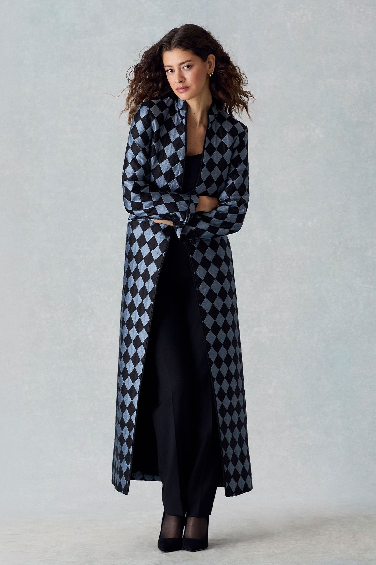 Vicky Long Coat in Ash Blue/Black Diamond