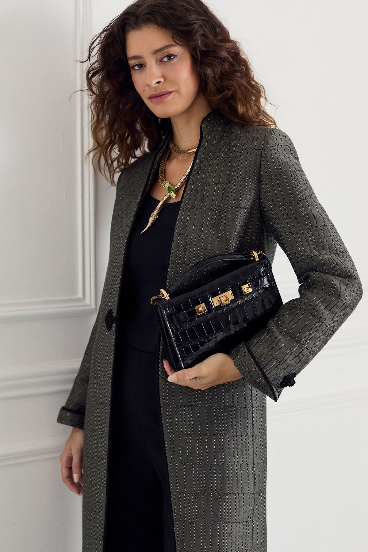 Vicky Coat in Olive with Gold and Black Ribbon Jacquard