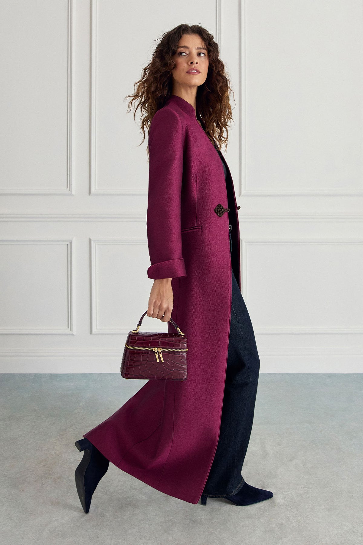 Vicky Long Coat in Carmine Plain Brocade