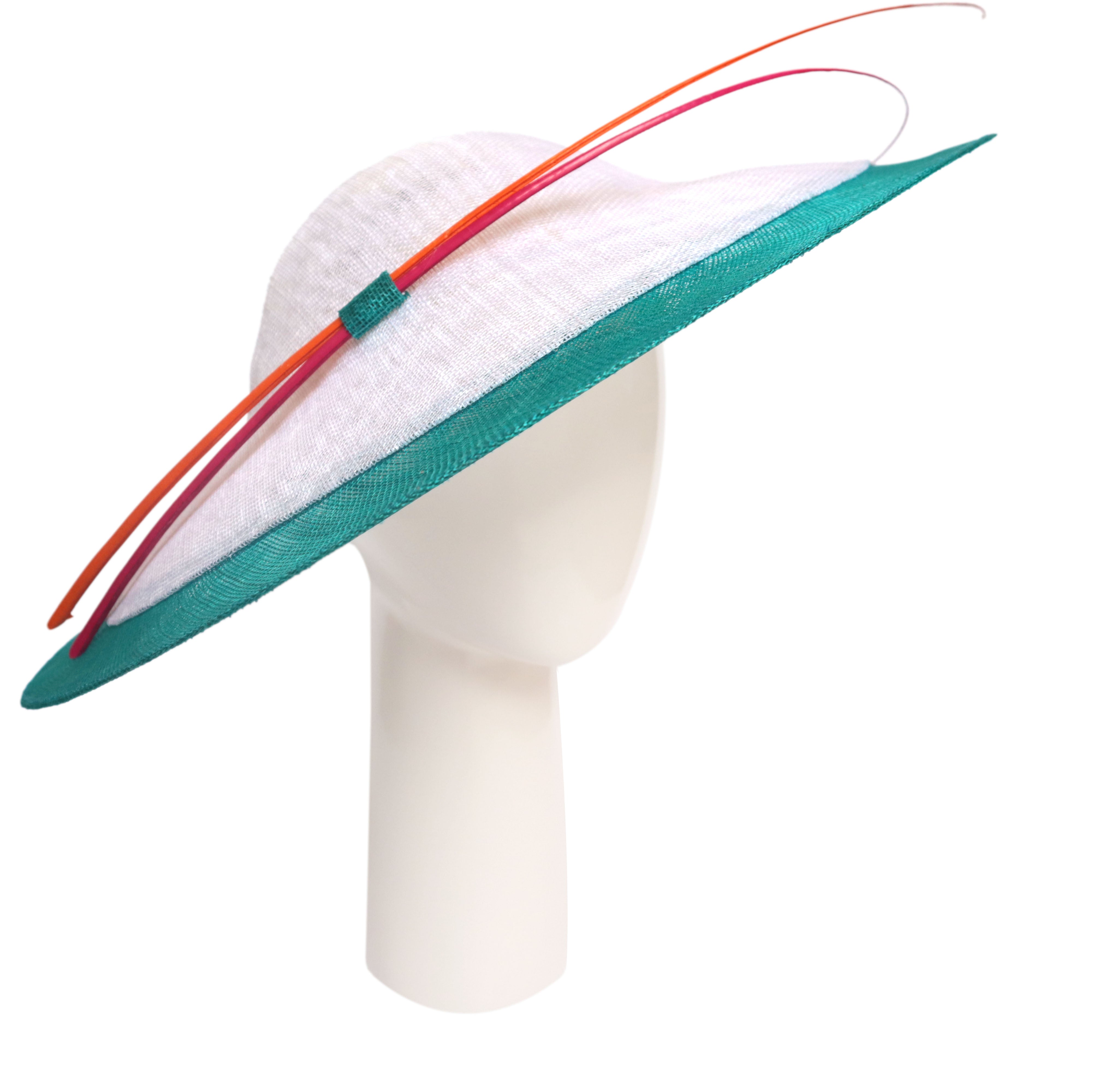 Small Two Tone Hat in White / Jade and Orange-Raspberry Quills