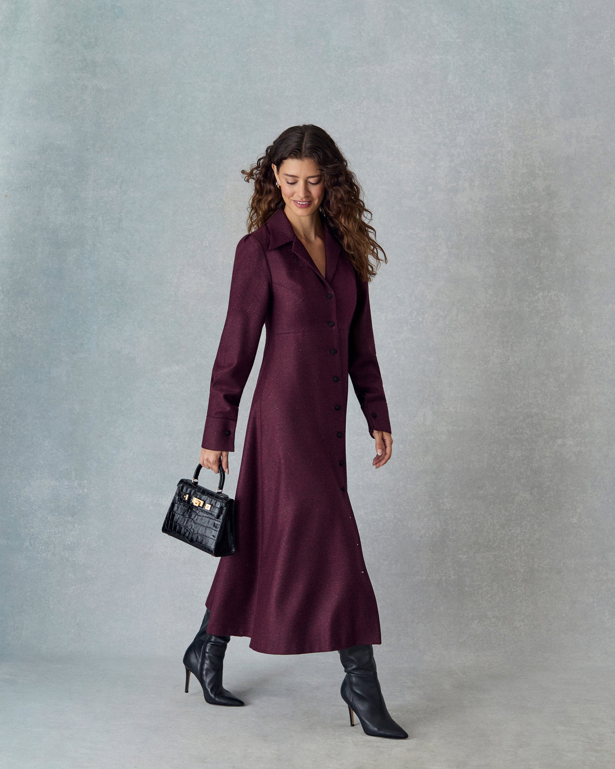 eleanor dress in burgundy with maya midi orinoco leather model image full