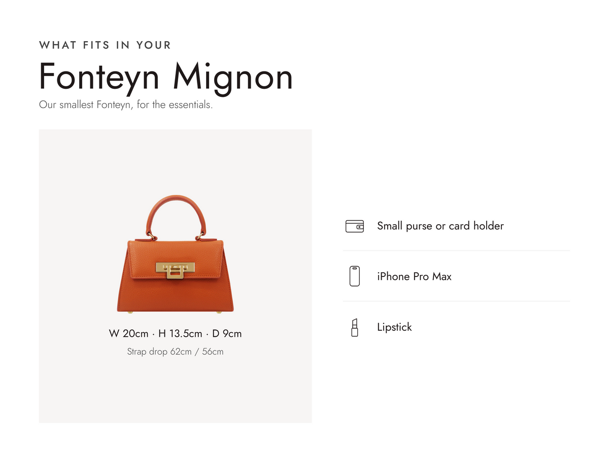 Lalage Beaumont Fonteyn Mignon handbag in orange grained leather, what fits and measurements
