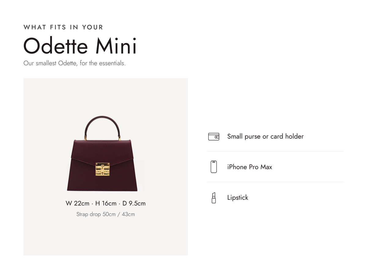 Lalage Beaumont Odette Mini handbag in wine pebble print leather, what fits and measurements